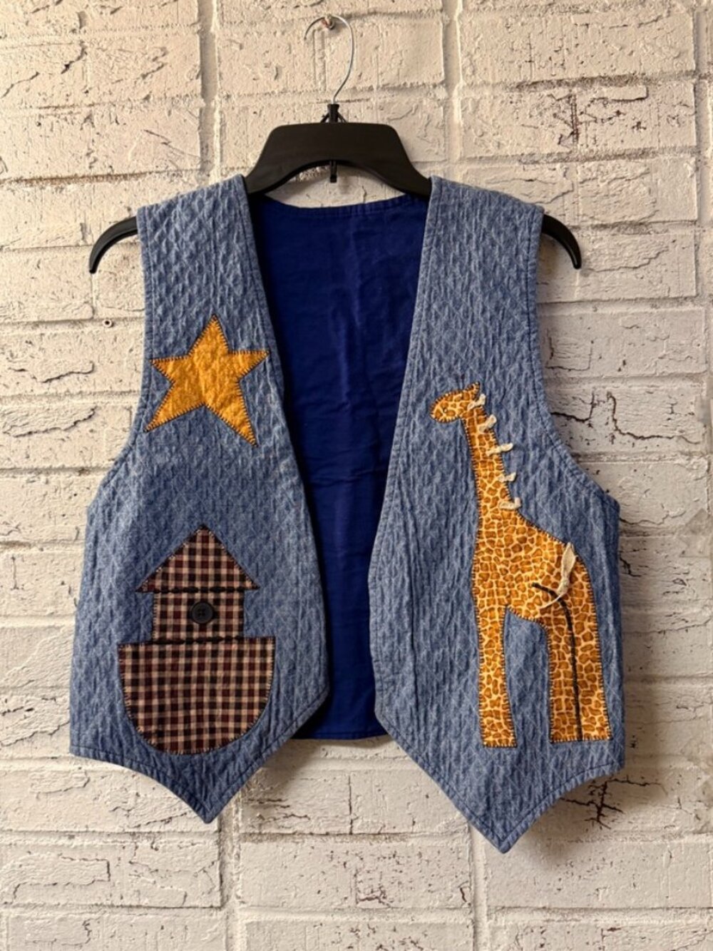 Vintage Quilted Denim Vest Noah’s Ark Animal Appliqué Giraffe Elephant Lion